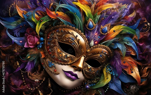 Happy Mardi Gras poster. Venetian gorgeous masquerade mask with feathers for women. Sequin mask for carnivals. Costume party outfit. Paper mache style face covering. AI Generative