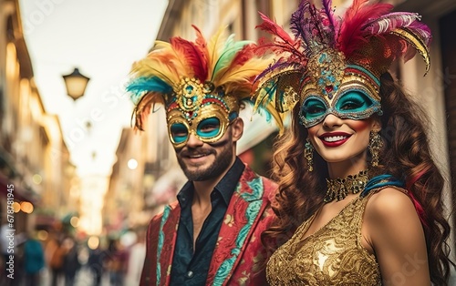 Mardi Gras poster. Happy couple in carnival costumes wearing masks on European street, laughing and smiling. Venetian masquerade party outfit with feathers. Face covering. AI Generative