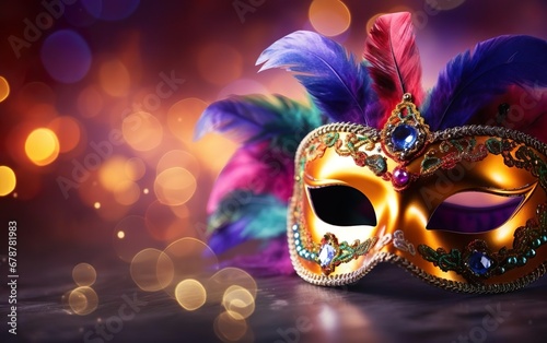 Mardi Gras poster. Banner template with a photorealistic Venetian carnival mask and feathers, on blurred background. Bright costume party flyer for masquerades. Bokeh, de focus. AI Generative photo