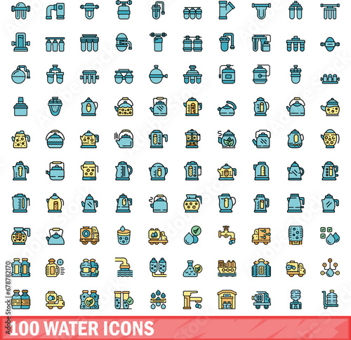 100 water icons set. Color line set of water vector icons thin line color flat on white