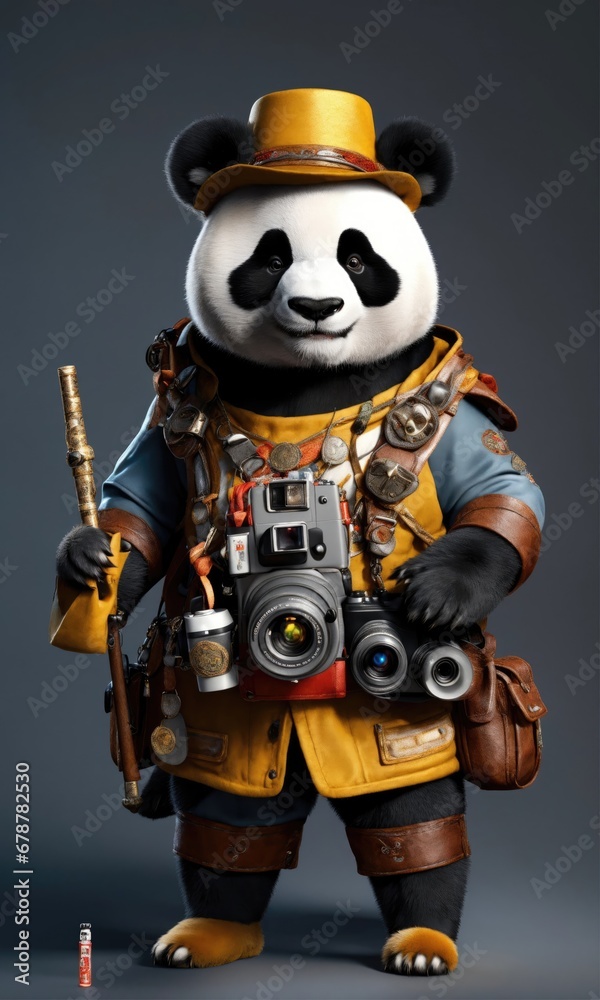 3D rendering of a panda as a photographer with a camera
