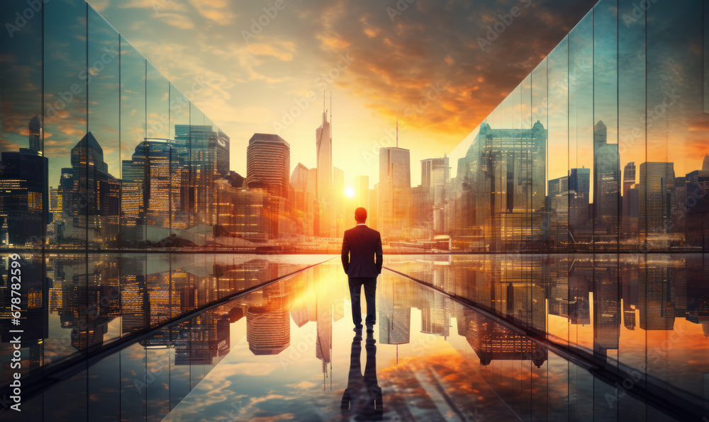 Double exposure image of the business man standing back during sunrise overlay with cityscape image