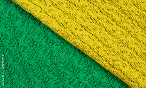 Yellow and green fabrics knitted with a cable photo