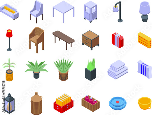 Home decor store icons set isometric vector. Business woman. Shop online decor