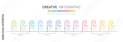 Timeline for 1 year, 12 months, infographics all month planner design and Presentation business can be used for workflow, process diagram, flow chart.