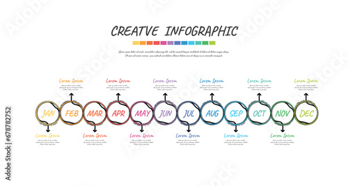 Timeline hand drawn  for 1 year, 12 months, infographics all month planner design and Presentation business. Doodle infographic vector.