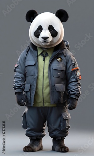 Panda dressed as a pilot with a backpack on a gray background
