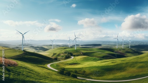 top down picture, wind farm on a green field, concept: SUSTAINABILITY, copy space, 16:9 photo