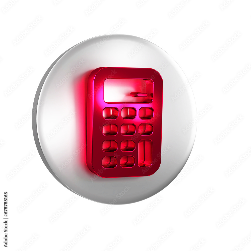Obraz premium Red Calculator icon isolated on transparent background. Accounting symbol. Business calculations mathematics education and finance. Silver circle button.
