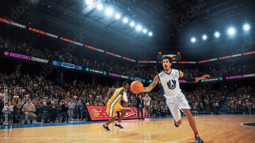Athletic Multiethnic Player Running To Score Slam Dunk Goal in Front of a Crowded Arena. College Basketball Tournament Cinematic Shot with Two Young Teams Playing a Championship Match © Gorodenkoff