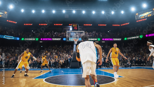 Multiethnic Basketball Player in a White Uniform Catching a Pass And Dribbling Past Defence to Score a Skillful Slam Dunk Goal. Cinematic Sports News Channel Shot with Follow Back View. photo