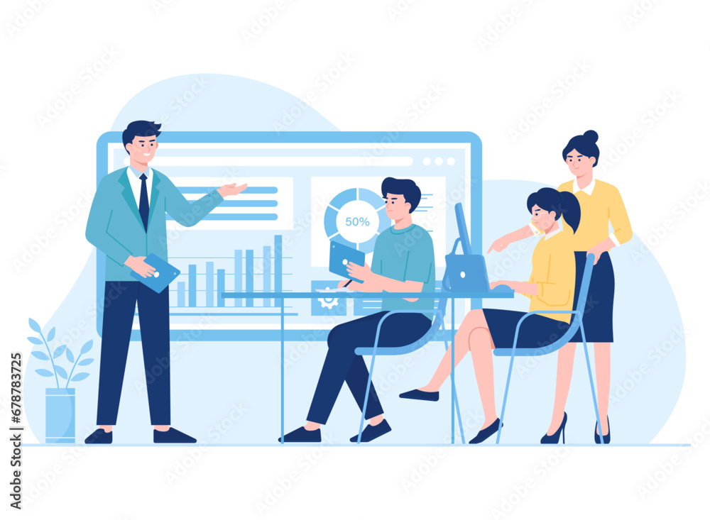 workers team discussion about stock charts concept flat illustration workers team discussion about stock charts concept flat illustration