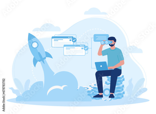 an entrepreneur learns to launch a new business concept flat illustration