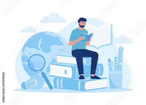 students sit on piles of books and read in search of knowledge concept flat illustration