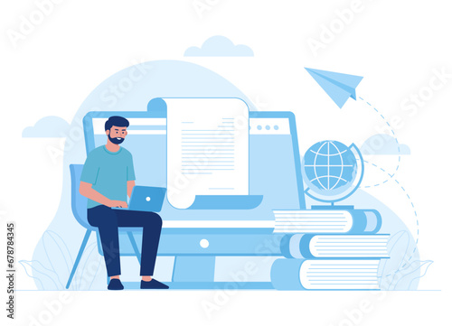 man working on documents on website concept flat illustration