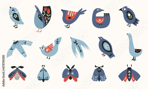Folk art clip arts vector set in Scandinavian and Nordic style, hygge birds and moth isolated designs on white. Collection of classic ethnic elements. Funny scandi folk motifs in blue and red colors