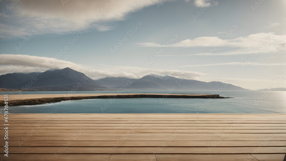 Professionally photographed scene with an empty wooden floor for product displays, overlooking a stunning seaside landscape with mountains.