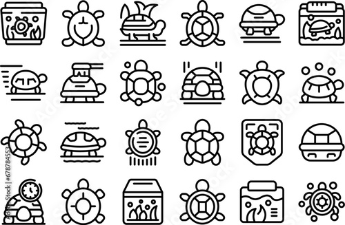 Turtle pet icons set outline vector. Reptile pet shell. Cute animal wild