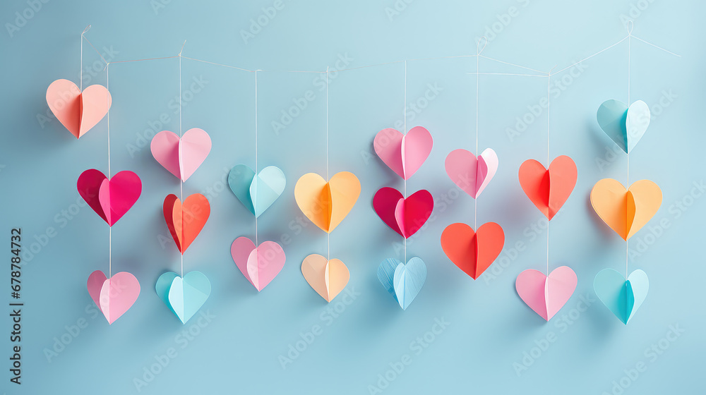 Paper heart mobile in soft pastel colors, a whimsical and artistic hanging decoration perfect for conveying love and celebration. Paper heart mobile in soft pastel colors, a whimsical and artistic hanging decoration perfect for conveying love and celebration.