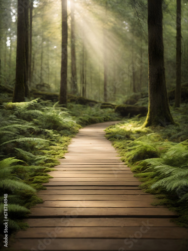 Wooden flooring beneath a dense forest canopy, offering glimpses of sunlight, ferns, and moss-covered trees, providing an atmospheric setting for product showcases.