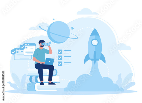 an entrepreneur learns to launch a new business concept flat illustration
