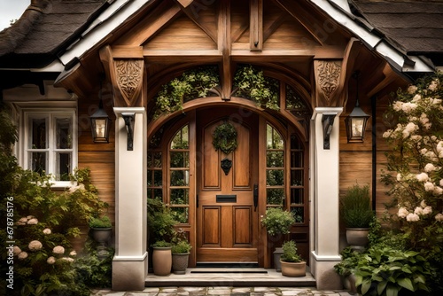 A close-up shot of a beautifully crafted wooden front door with intricate details, set within a gabled porch and landing.