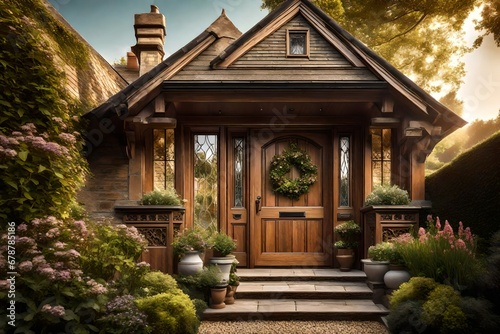A close-up shot of a beautifully crafted wooden front door with intricate details  set within a gabled porch and landing.