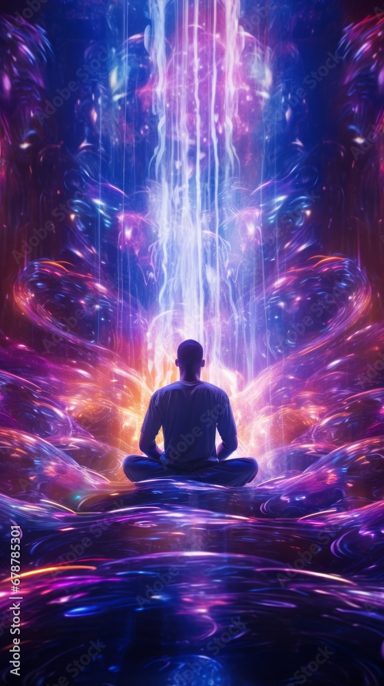 A person in a meditative pose surrounded by abstract neon visualizations.