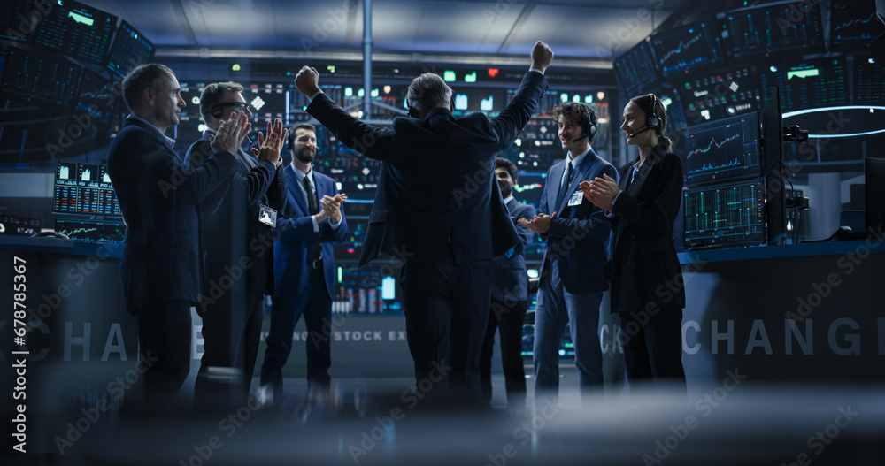 Team of Successful Stock Exchange Brokers Celebrating a Profitable Investment Bid on a Securities Market. Diverse Specialists and Asset Managers Clapping, Cheering, Shaking Hands with the Team Leader - obrazy, fototapety, plakaty 
