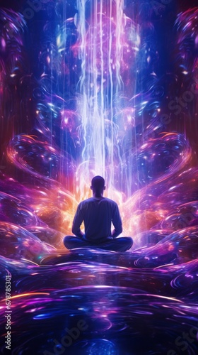 A person in a meditative pose surrounded by abstract neon visualizations.