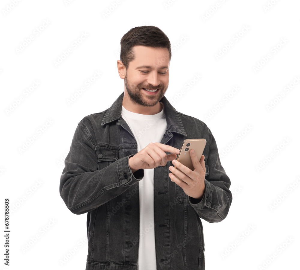 Happy man sending message via smartphone on white background Happy man sending message via smartphone on white background