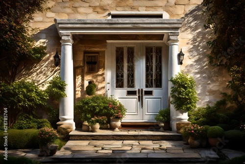 This realistic image focuses on a Georgian style home cottage's entrance, featuring a wooden front door with a gabled porch and landing.