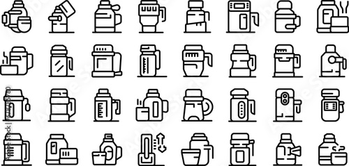 Thermos icons set outline vector. Water steel thermo. Vacuum plastic photo