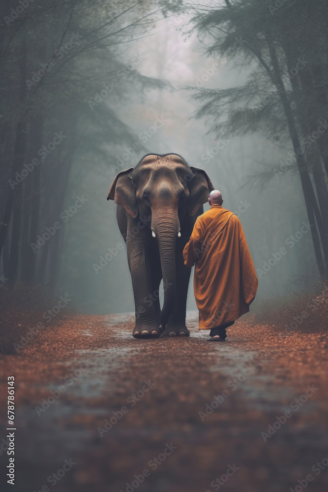 A Thai monk is walking with an elephant.surin,Thailand.