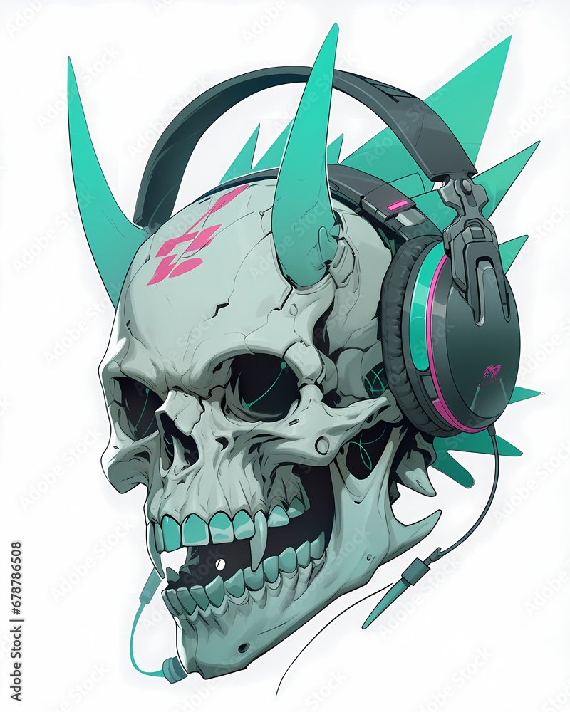 Φωτογραφία Sticker of a turquoise fashionable skull with horns in stylish headphones on a white background