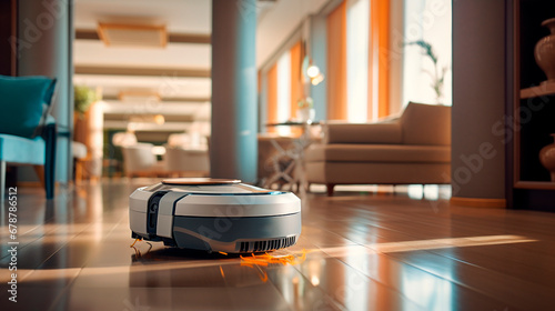 Robot vacuum cleaner in interior of a hotel room 