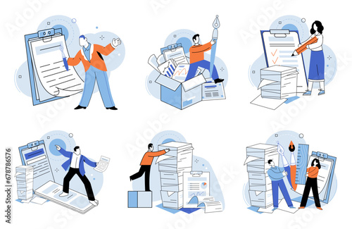Paperwork. Vector illustration. There is heavy workload includes handling lot paperwork The deadline for task is approaching quickly The individual is always busy with paperwork and other job