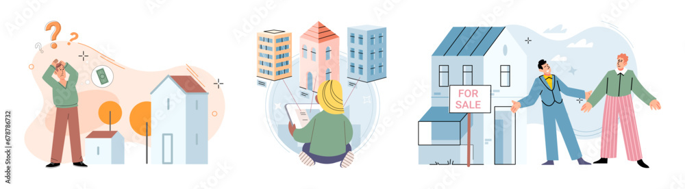 House for sale. Vector illustration Buying new home required understanding terms and conditions home warranty Renting and investing in house involved calculating return on investment and potential House for sale. Vector illustration Buying new home required understanding terms and conditions home warranty Renting and investing in house involved calculating return on investment and potential