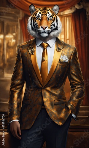 Fashion portrait of a tiger in a golden suit with a bow tie. 
