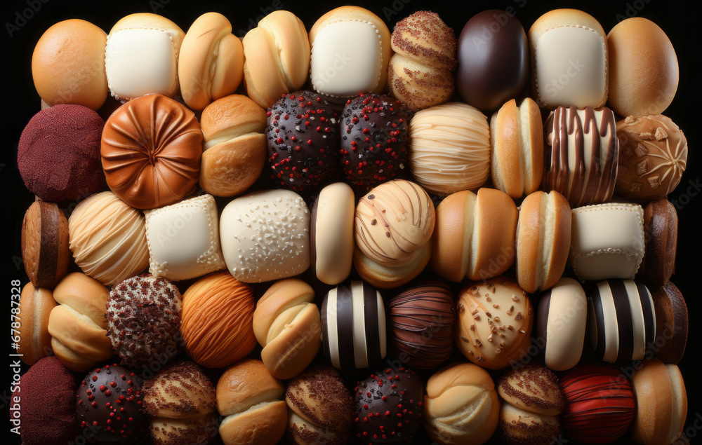 Breads, buns and cookies stacked together on a white background Breads, buns and cookies stacked together on a white background
