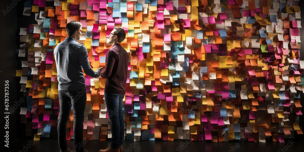 human and cute artificial intelligence putting colorful sticky notes on the wall generative ai
