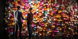 human and cute artificial intelligence putting colorful sticky notes on the wall generative ai