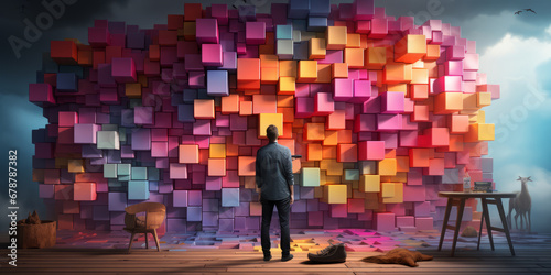 human and cute artificial intelligence putting colorful sticky notes on the wall generative ai photo