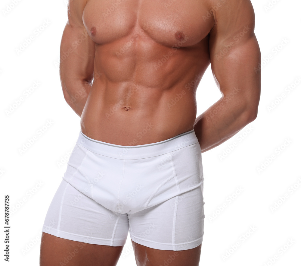 Young man is stylish underwear on white background, closeup