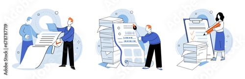 Paperwork. Vector illustration. Bureaucracy adds unnecessary complexity to paperwork process A report needs to be prepared for companys financial information The desk looks messy with scattered papers