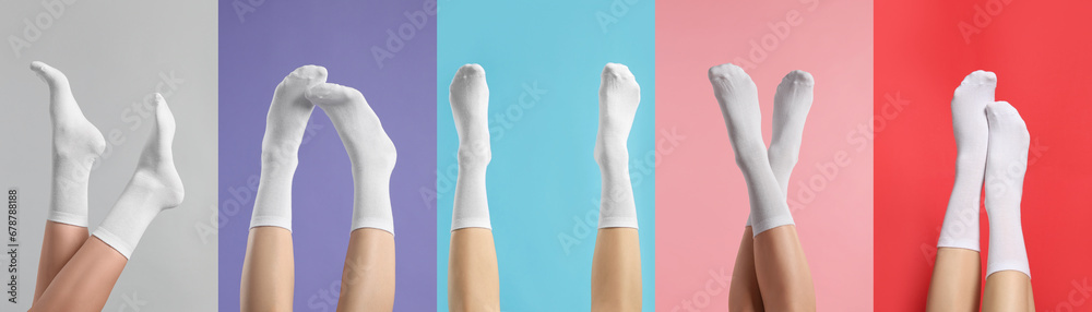 Women in stylish white socks on color backgrounds, collection of photos Women in stylish white socks on color backgrounds, collection of photos