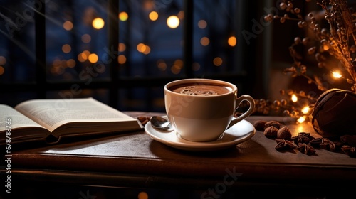 Hot cocoa drink or chocolate stand on the table near the window and books and a checkered blanket, cozy evening at home, twilight privacy, digital detox relaxation after work photo
