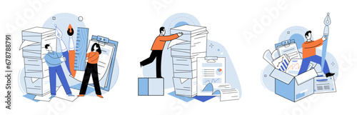 Paperwork. Vector illustration. Financial management plays crucial role in companys success Numerous email reminders about pending paperwork are received Documents need to be filed in appropriate