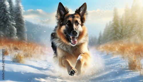 Shepherd dog running and playing in the snow © CreativeStock