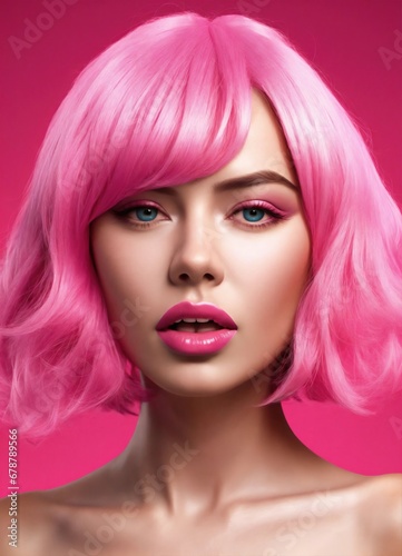 Portrait of a beautiful young woman with pink bob hairstyle. 